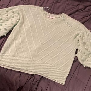 Fever Mint Green Acrylic wool blend sweater with puff sleeves and Pom poms